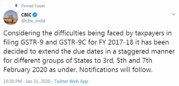 GSTR 9 and GSTR 9C due date for FY 2017-18 extended in staggered manner