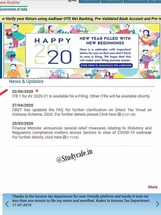 ITR-1 For AY 2020-21 is available for e-filling