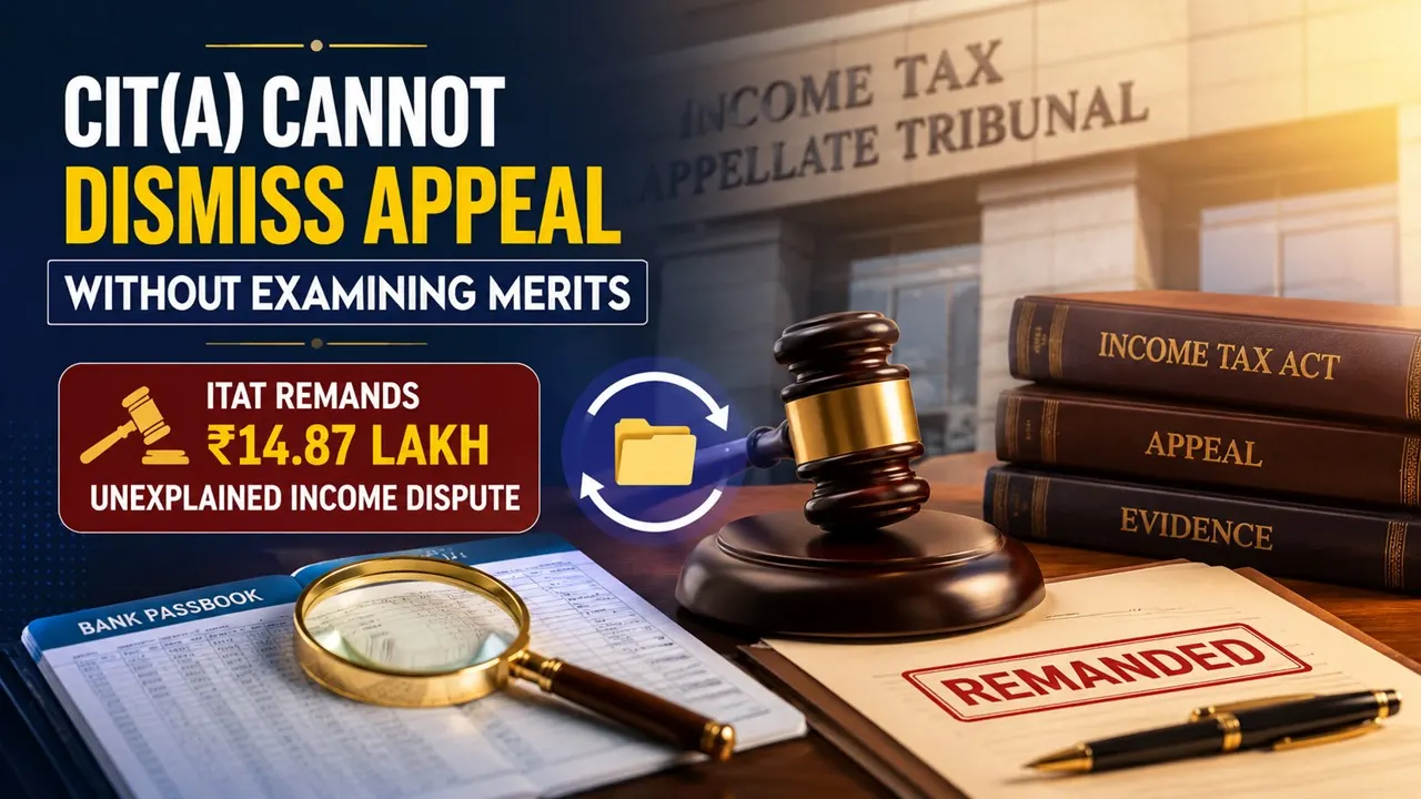 CIT(A) Cannot Dismiss Appeal Without Examining Merits, ITAT Remands Rs 14.87 Lakh Unexplained Income Dispute