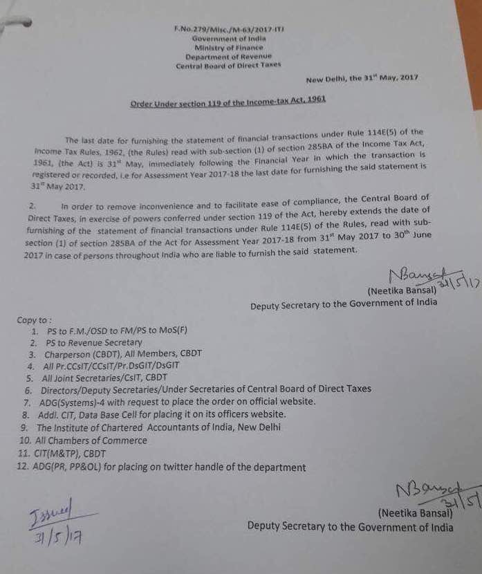 Last Date of STF reporting Extended to 30th June 2017