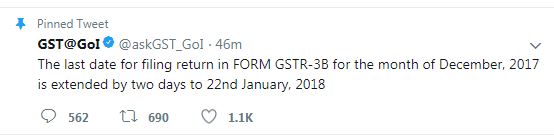 Deadline for filing GSTR 3B extended for Dec'17 by 2 days