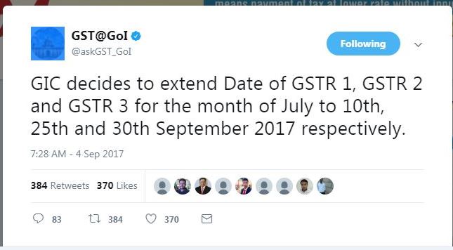 GSTR1, GSTR 2, GSTR3, Due date Extended for July and Aug 2017