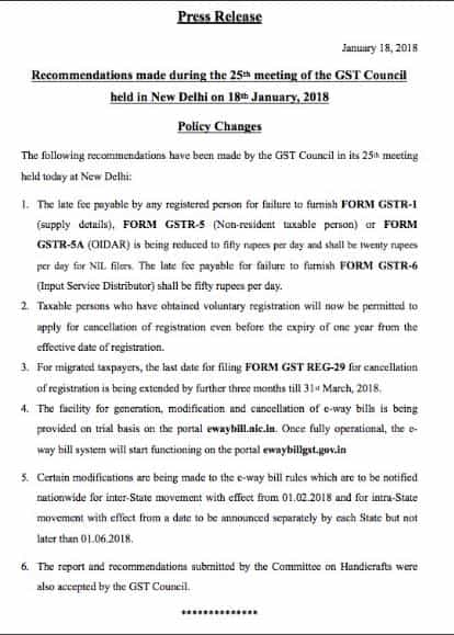 Recommendations made during the 25th meeting of the GST Council