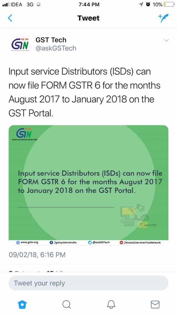 Input service distributors (ISDs) can now file Form GSTR-6 for the month of Aug 2017 to Jan 2018