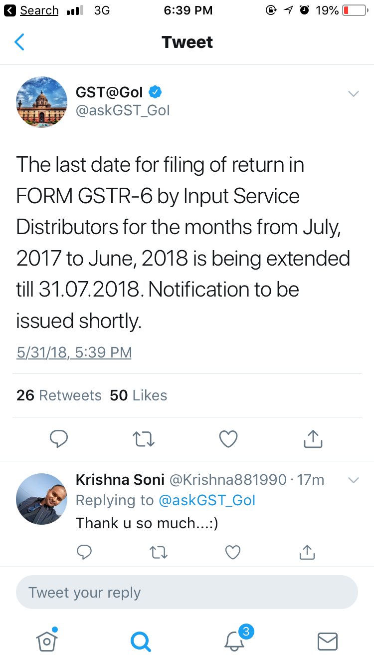 Last date for filing of return in FORM GSTR-6 Extended to 31.07.2018
