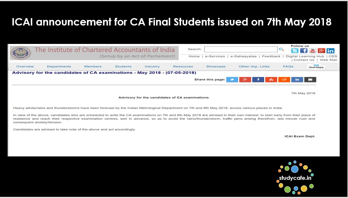 ICAI announcement for CA Final Students issued on 7th May 2018
