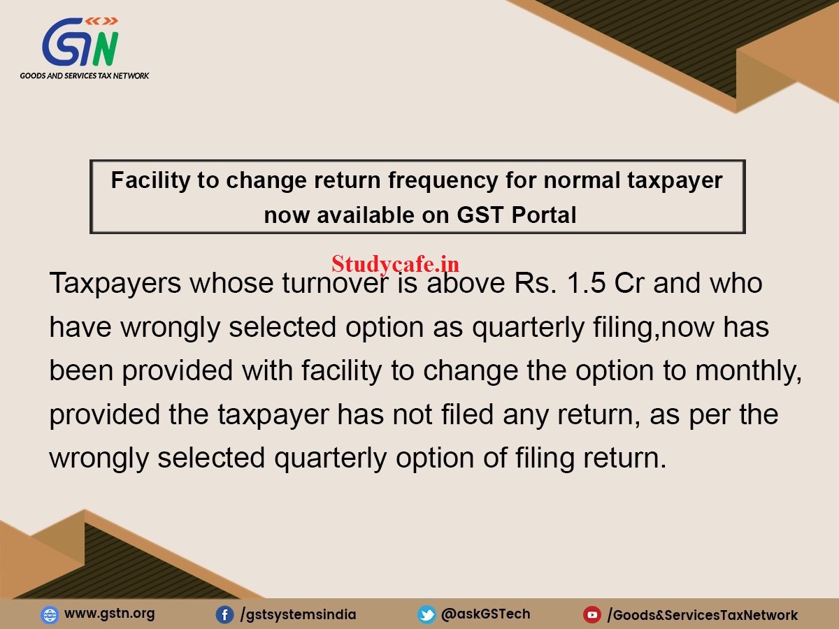 Facility to change return frequency for normal taxpayer available on GST Portal
