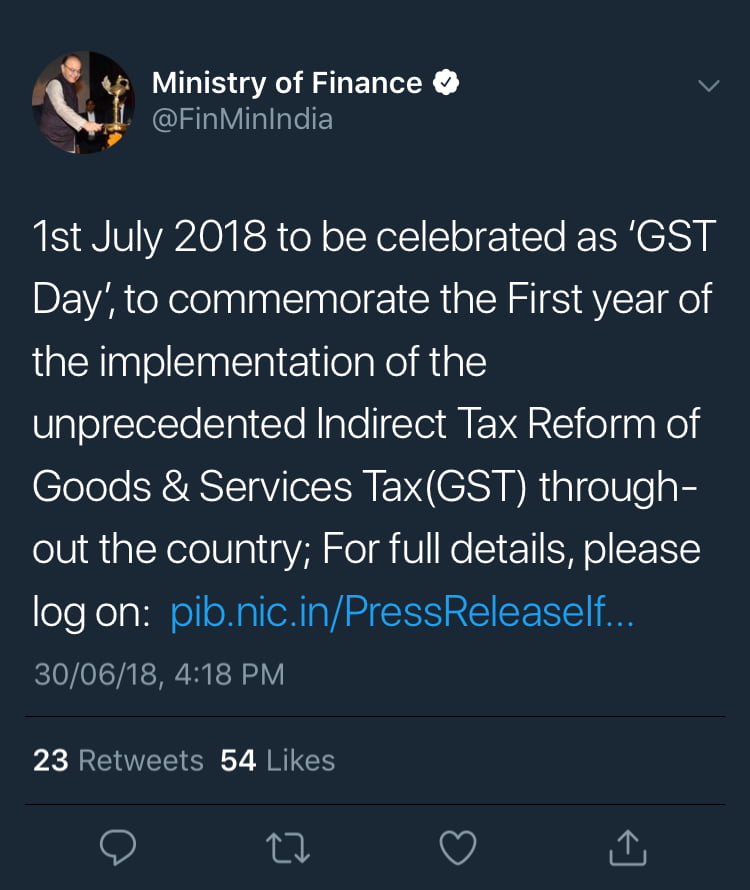 1st July 2018 to be celebrated as GST day