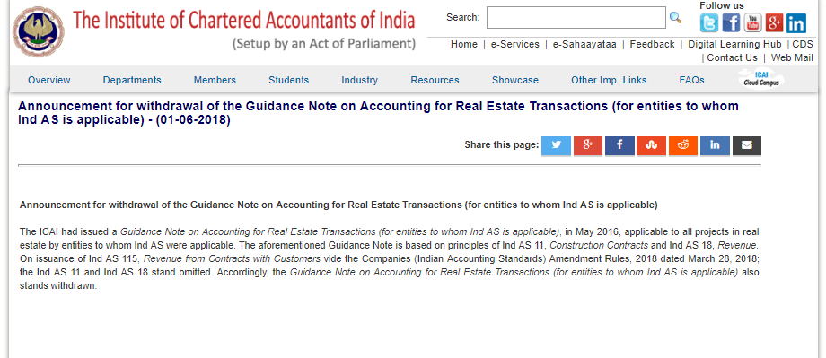 ICAI withdraws Guidance Note on Accounting of Real Estate Transactions