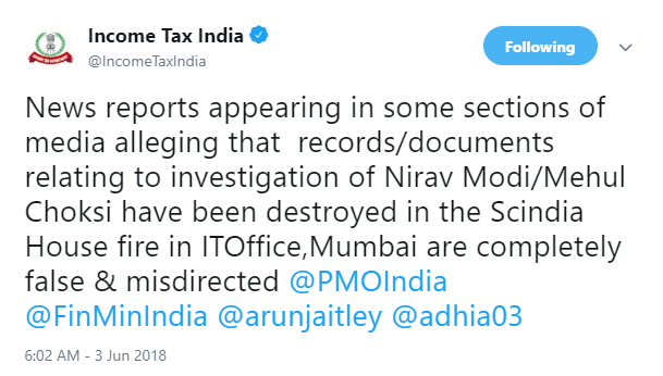 CBDT: Records related to Nirav Modi case are safe after Scindia House fire