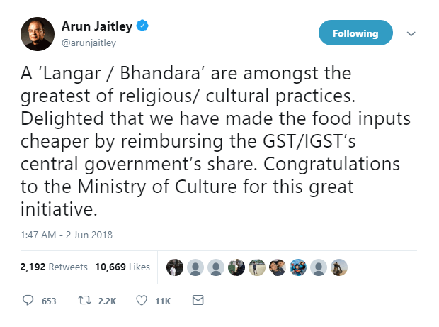 Government to reimburse Central Share GST on Food offered by Religious Institutions