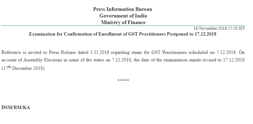 GST Practitioner Exam Postponed to17th December 2018
