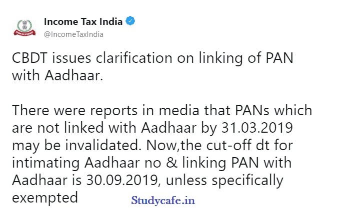 Good News : Due date of linking Aadhaar & PAN extended to 30.09.2019