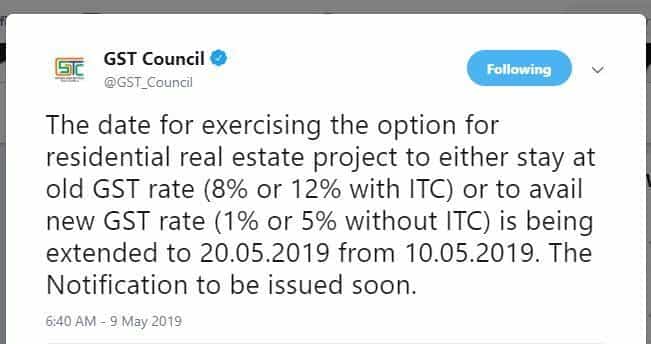 Due date for exercising option for residential real estate project is extended till 20th May 2019