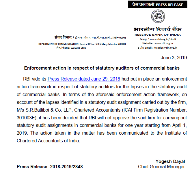 RBI bars SR Batliboi from audit of commercial banks for a year