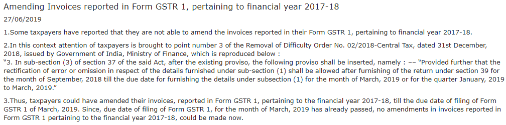 No amendments in invoices reported in Form GSTR 1 pertaining to the FY 2017-18 can be made