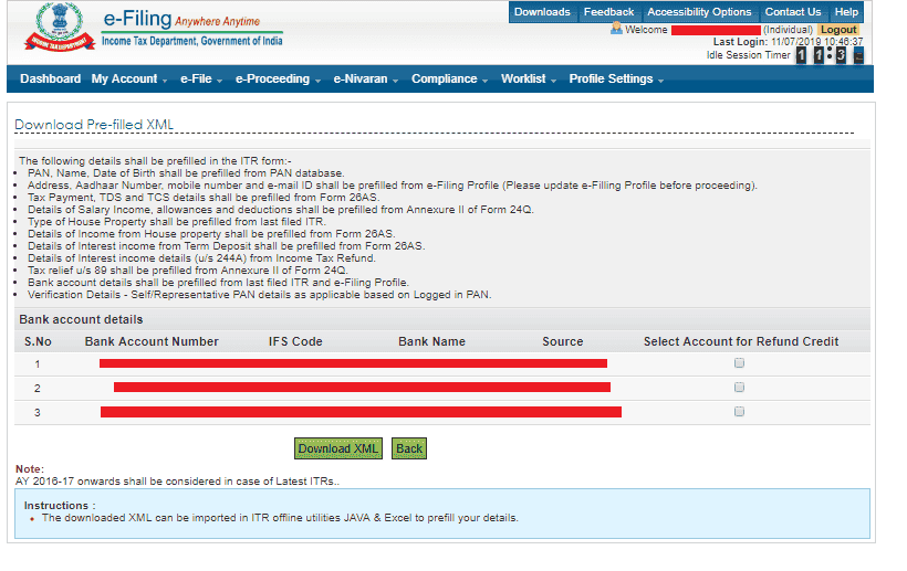 Prefilled XML available for ITR 1, 2, 3 and 4 for AY 2019-20 at Income Tax Portal