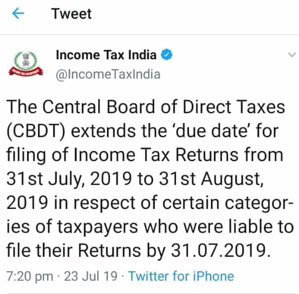 CBDT Extended deadline to file income tax return for FY 2018-19 to August 31, 2019