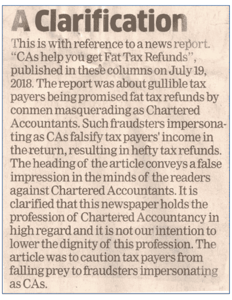ICAI - Clarification in ET regarding News Report related to CAs help you get Fat Tax Refunds"
