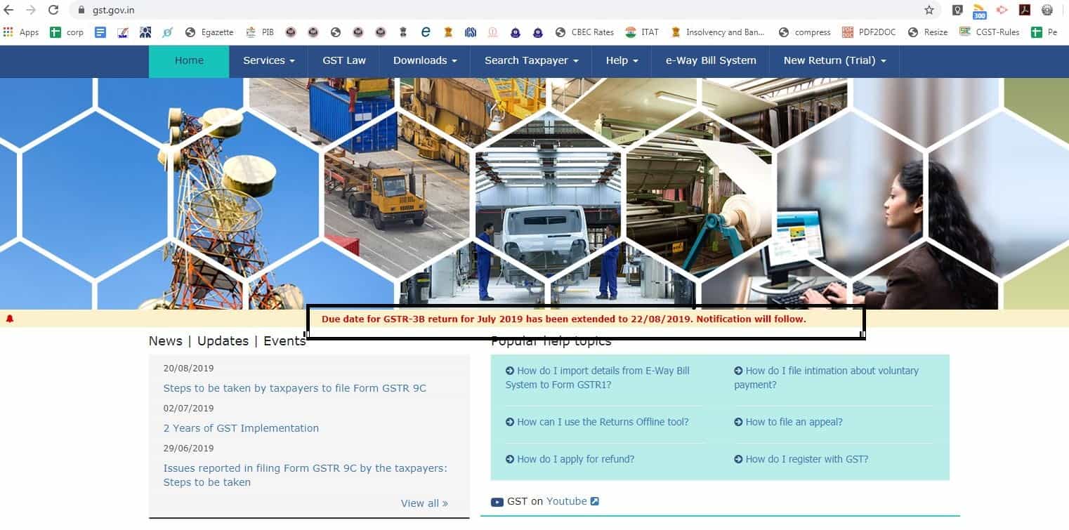 Due date for GSTR-3B return for July 2019 has been extended to 22nd August