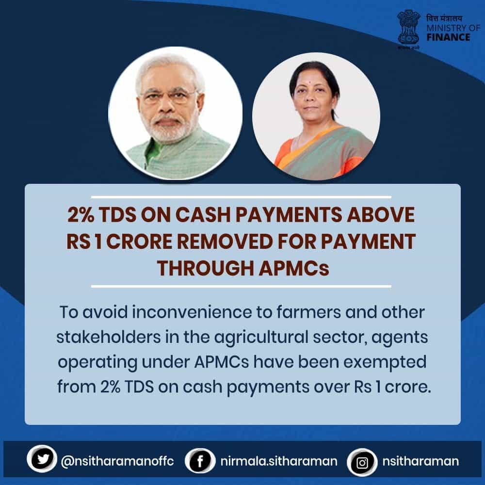 MOF decides not to levy 2% TDS on cash payments above Rs 1 cr. made through APMCs