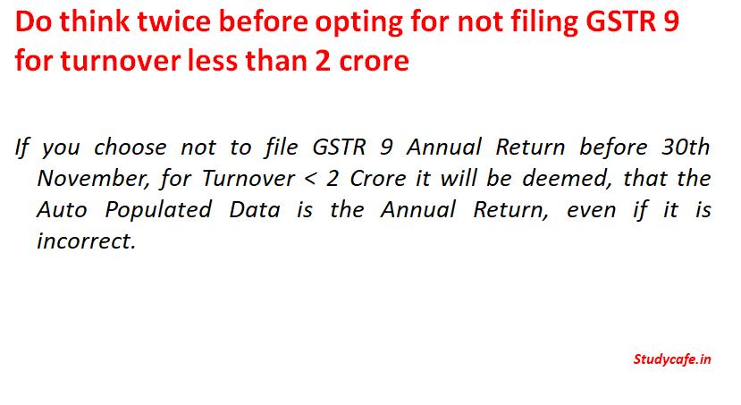 Think twice before opting for not filing GSTR 9 Annual return for turnover less than 2 crore