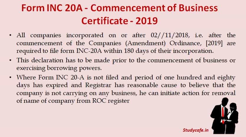 Form INC 20A - Commencement of Business Certificate - 2019