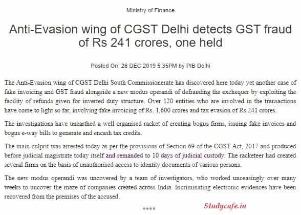 Anti-Evasion wing of CGST Delhi detects GST fraud of Rs 241 crores
