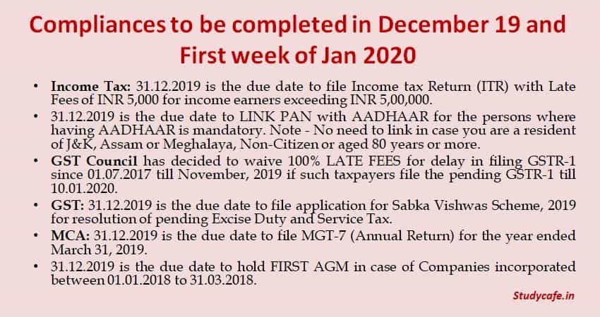 Compliances to be completed in December 19 and First week of Jan 2020