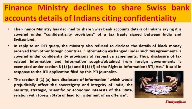 Finmin declines to share Swiss bank accounts details of Indians citing confidentiality