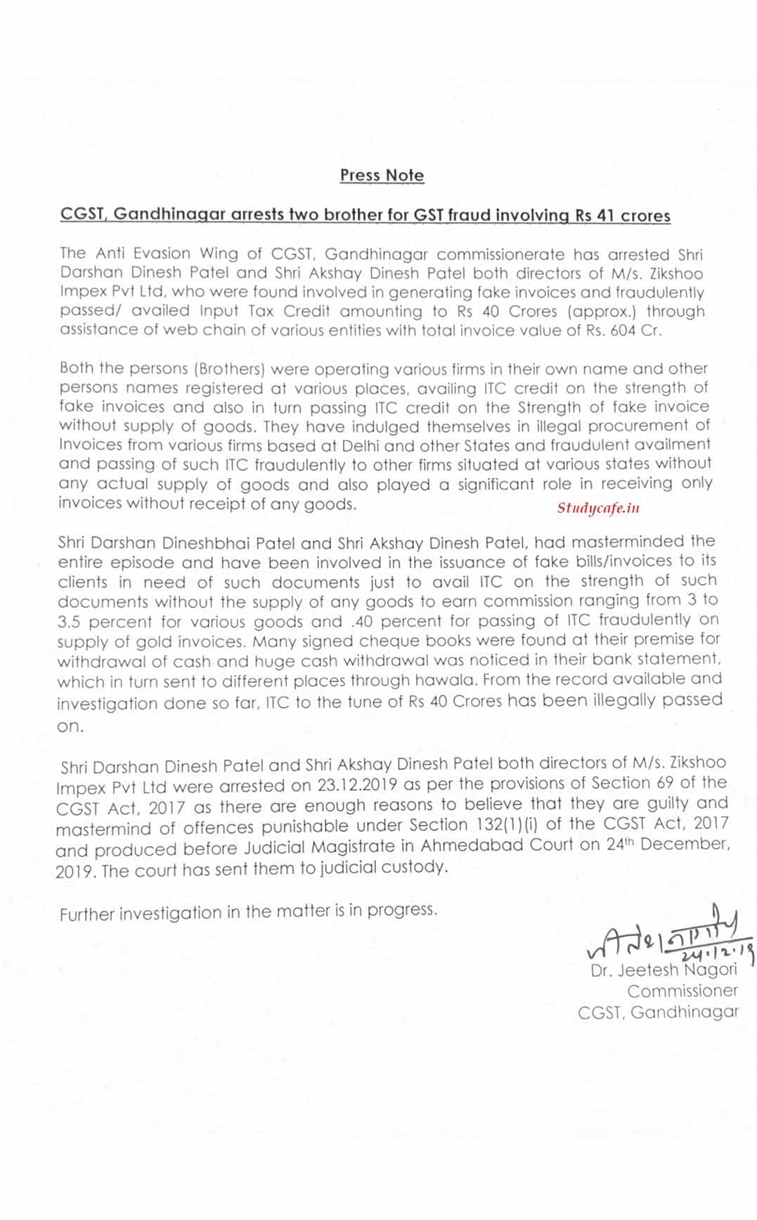 GST Authorities arrest two brothers for GST Fraud involving Rs. 41 Cr