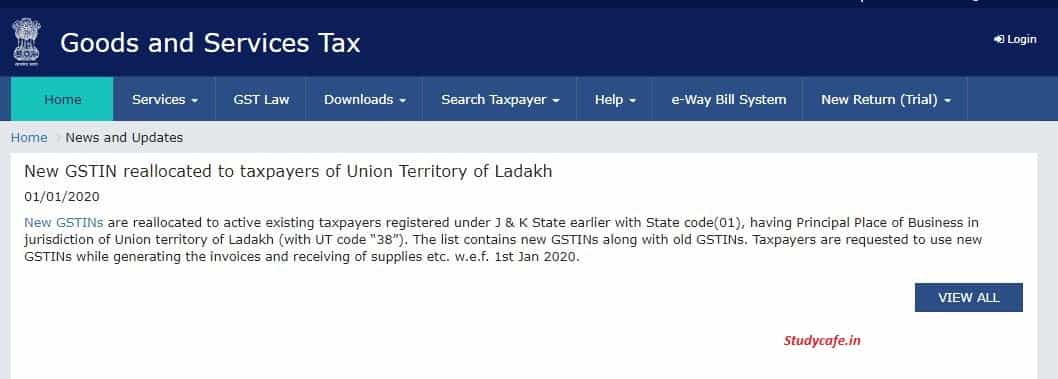 New GSTIN reallocated to taxpayers of Union Territory of Ladakh