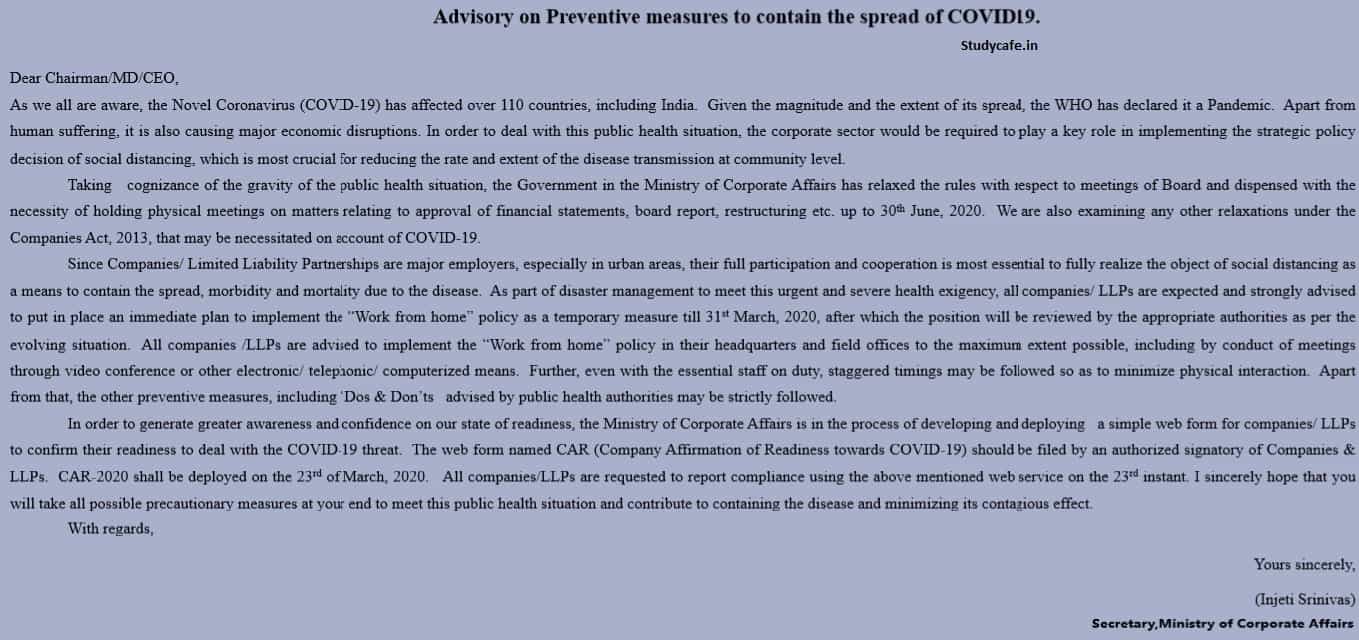 Companies & LLPs required to file web form CAR affirming readiness towards COVID-19