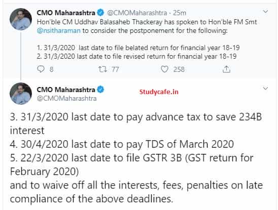 Extend due date of various tax compliances: Hon’ble CM Uddhav Thackeray to Hon’ble FM Smt Nsitharaman