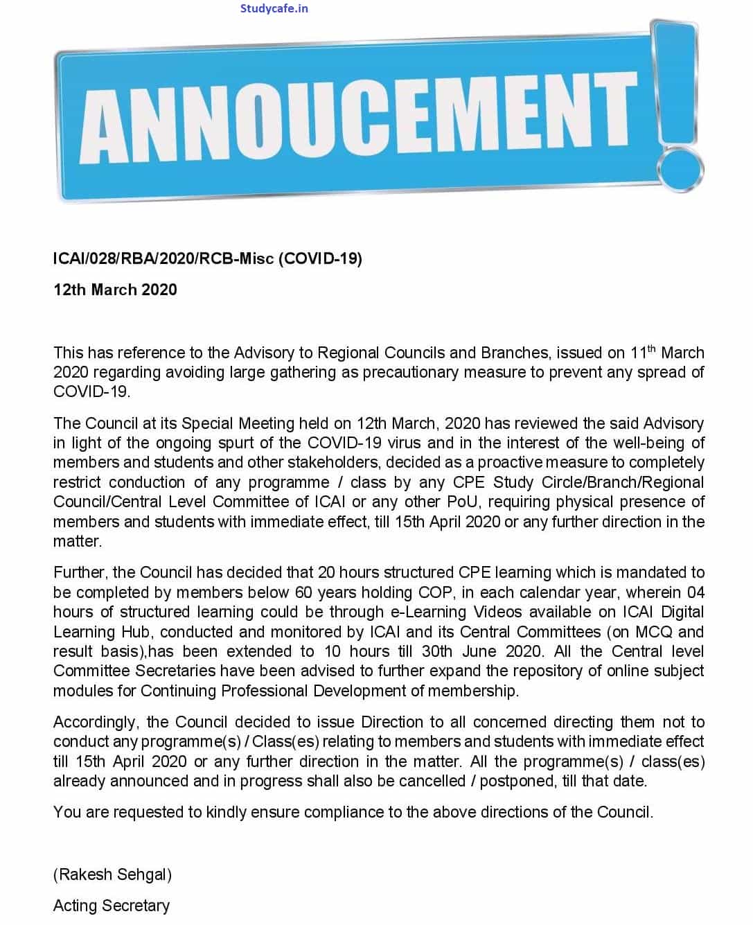ICAI Council issues Direction not to conduct any CA programme/Classes till 15.04.2020 amid Coronavirus