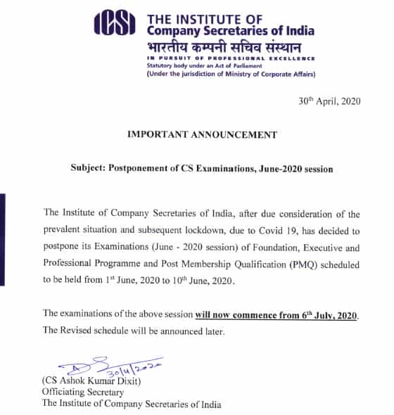 CS Examinations June 2020 Postponed