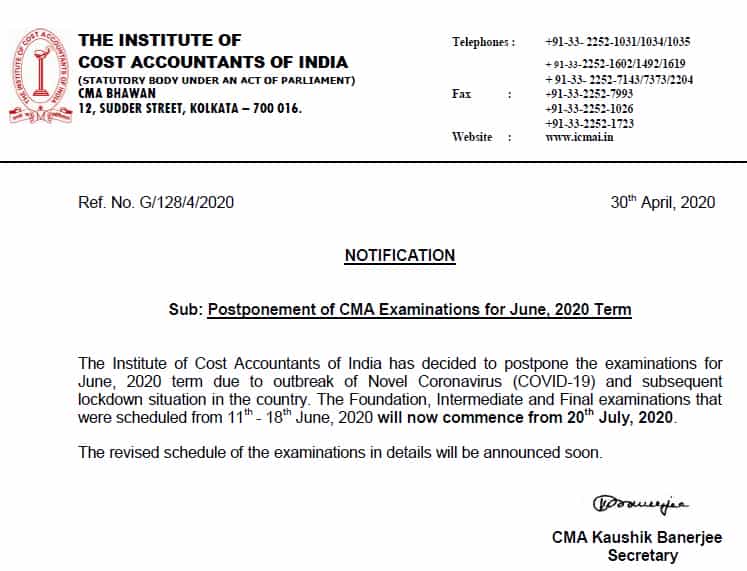 CMA Examinations June 2020 Postponed