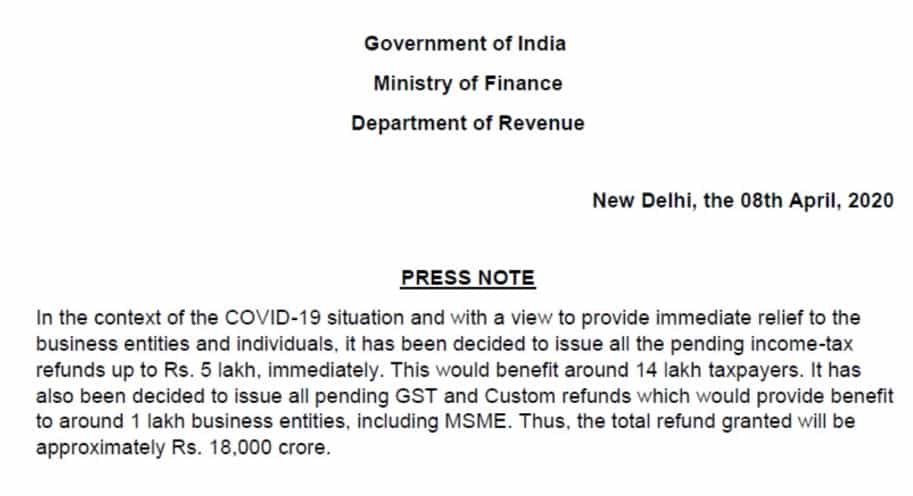 Income Tax Refund of upto Rs 5 Lakh to be immediately cleared | COVID19
