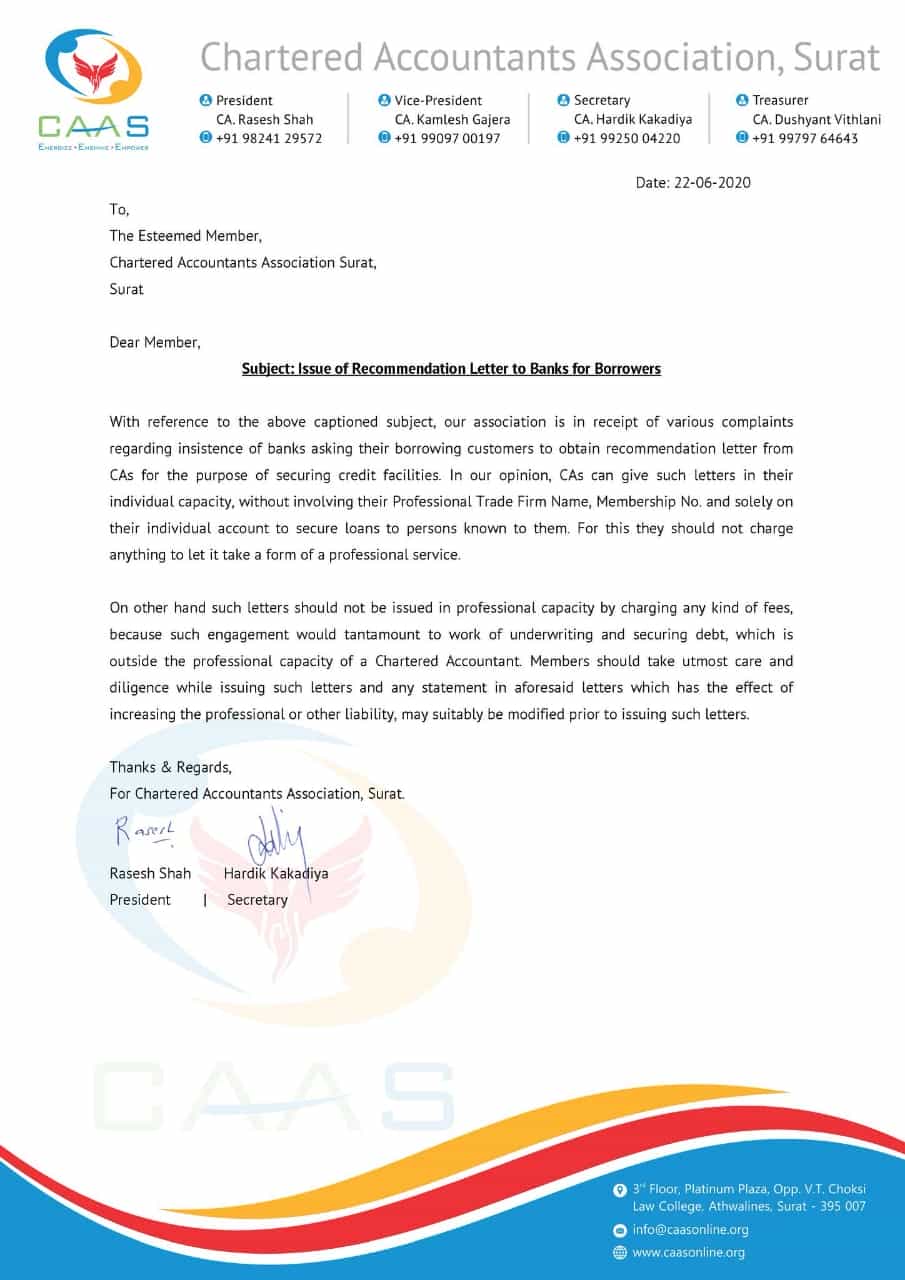 Banks asking borrowing customers to obtain recommendation letter from CA