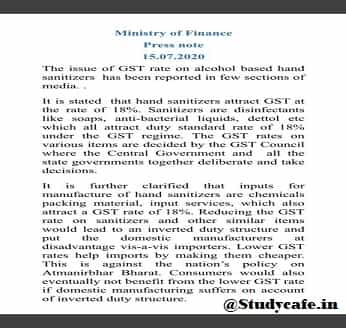 CBIC Clarification on GST Rate on Hand Sanitizers - Press Release