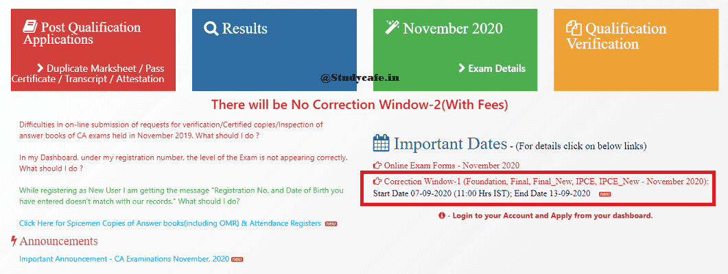 ICAI opens correction window for CA Exams November 2020 from 7 Sep