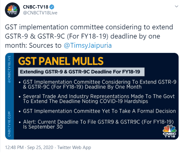 GSTR-9 AND GSTR-9C Due Date Likely to Be Extended by One Month