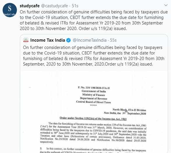 Belated/Revised ITR filing due date for FY 2018-19 extended to 30/11/2020