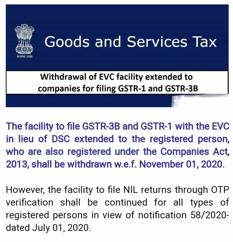 EVC facility for filing GSTR1/GSTR3B for companies withdrawn w.e.f. 01/11/2020
