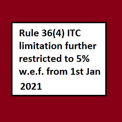 Rule 36(4) ITC limitation further restricted to 5% w.e.f. from 1st Jan 2021