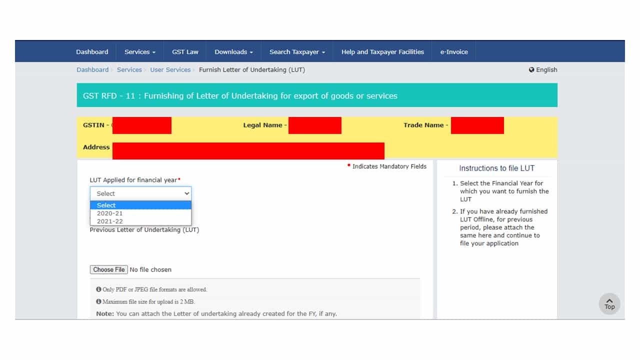 Facility to furnish LUT for Financial Year 2021-2022 now available on GSTN