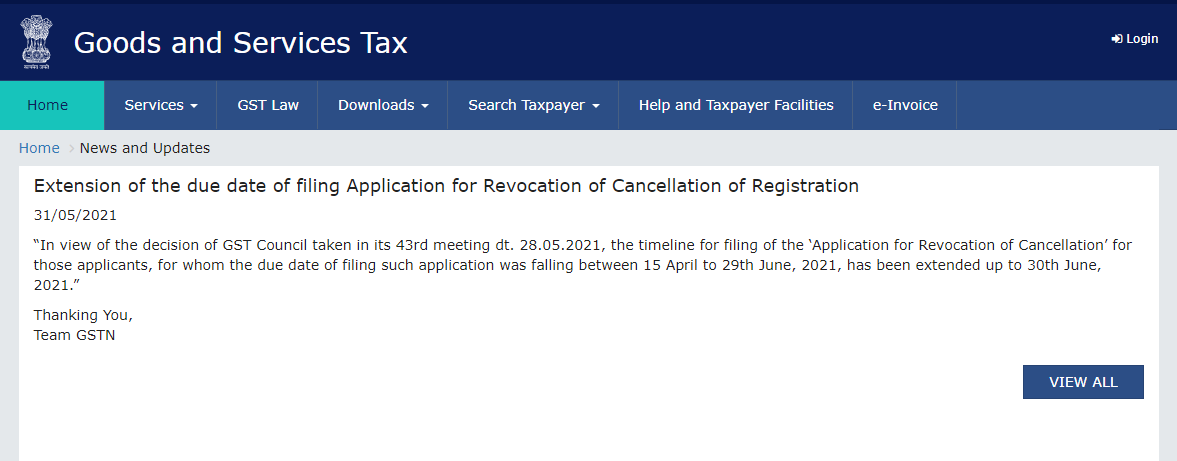 Extension of due date of filing Application for Revocation of Cancellation of GST Registration
