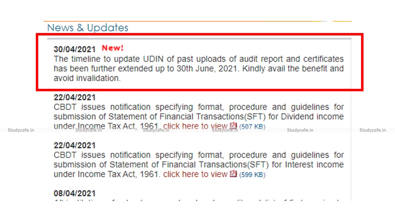 Last date for validation of UDIN extended to 30.6.2021