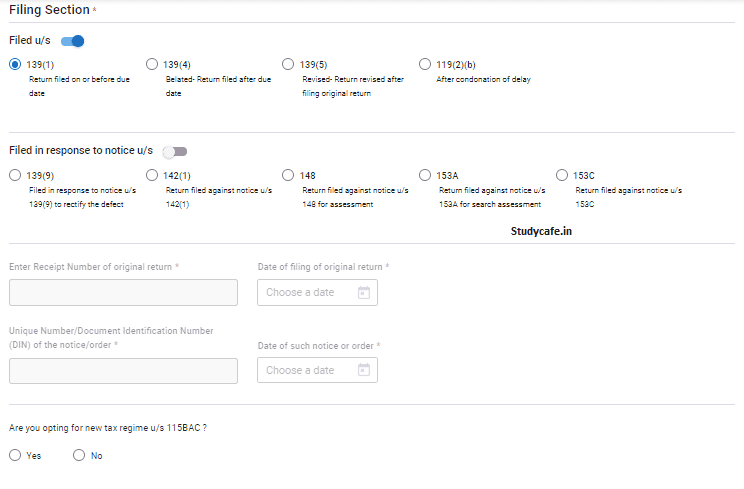 Section under which ITR will be Filed