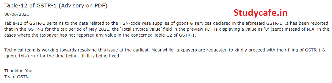 GSTN Advisory on Table 12 Error in Form GSTR-1